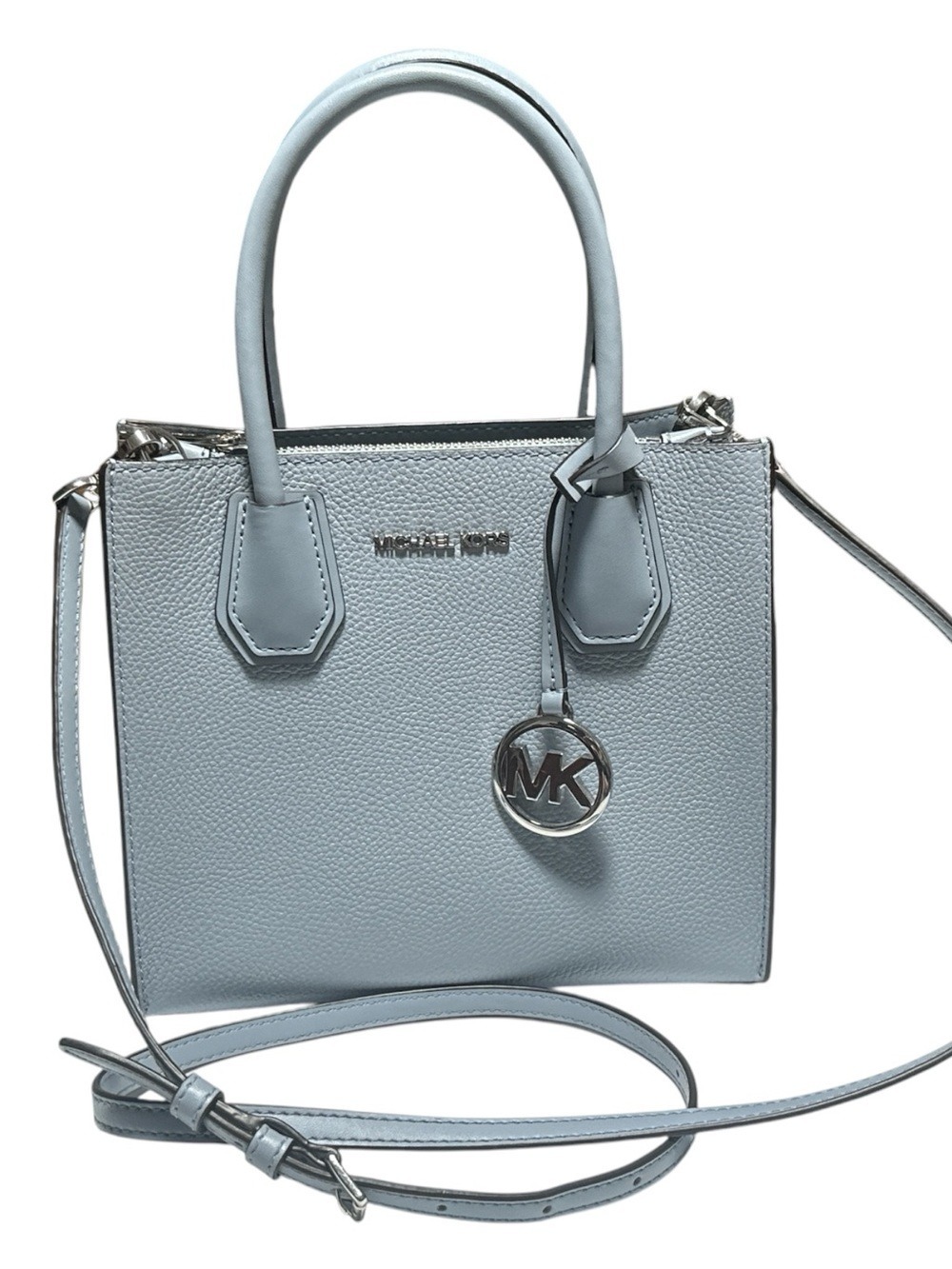 Michael Kors Mercer Light Blue Pebbled Leather Satchel Crossbody Bag